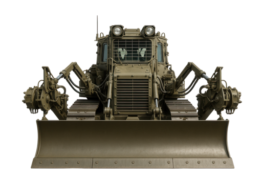 Tracked engineering vehicle equipped with a dozer blade and mine-clearing tools.