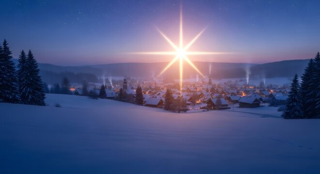Bright star of Bethlehem over a snowy village at night. Christian Christmas concept for Nativity scene background. Epiphany holiday.