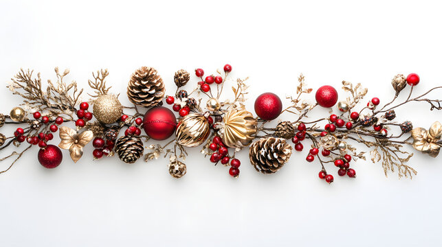 christmas garland with red and gold baubles berries and pinecones on a white background