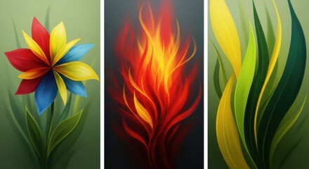 Vibrant abstract triptych depicting a colorful flower fiery flames and lush green reeds