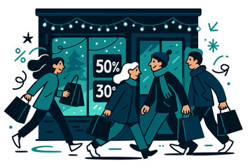Obraz premium Festive Storefront Buzz. Evening lights. Storefront aglow with Christmas lights, glowing discount signs in