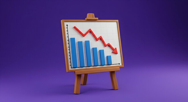 Downward Trend Illustrated on Easel with Red Arrow and Blue Bars