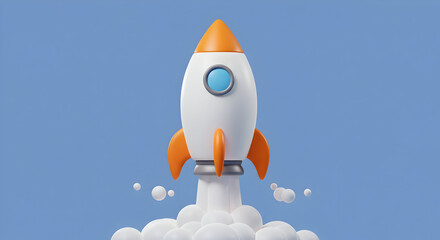 Cartoon Rocket Launching with Orange Fins and Blue Background