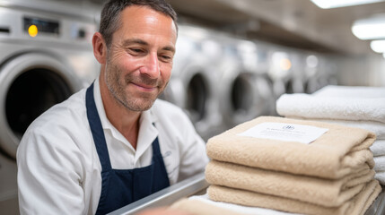 Industrial laundry room with hotel staff in uniform stacking fresh towels