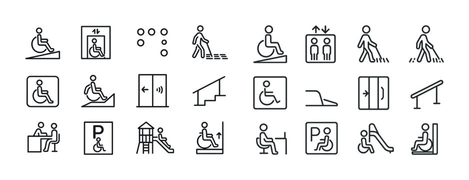 Accessibility icons set: wheelchair, elevator, braille, playground