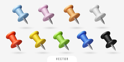 3D map pin set. Plastic office thumbtack in different colors. Isolated vector design elements