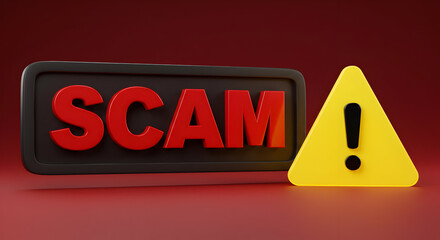 Red "SCAM" Text on Black Plaque with Yellow Warning Sign Against Dark Red Background