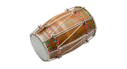 Dhol Drum, Traditional with Colorful Floral Decorations and Rope Tensioners, cutout, PNG isolated on white or transparent background