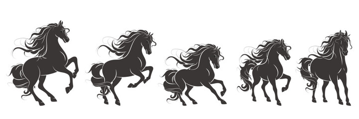 Silhouette horse set, symbol of Chinese New Year 2026. Black vector elements isolated on white background