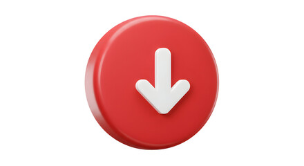 Red Circle with White Arrow Pointing Downward, Isolated on White