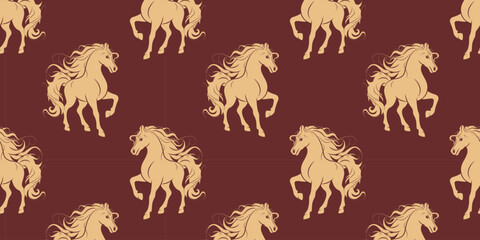 Fototapeta premium Gold horse silhouette seamless pattern, symbol of the Lunar New Year 2026. Vector background for festive design, banner, greeting card, wrapping paper, textile