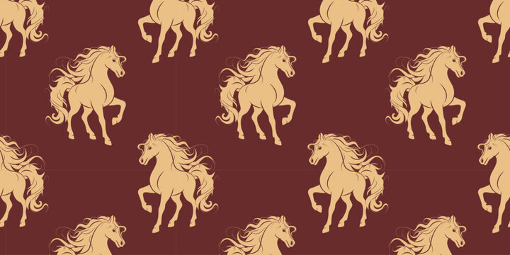 Gold horse silhouette seamless pattern, symbol of the Lunar New Year 2026. Vector background for festive design, banner, greeting card, wrapping paper, textile