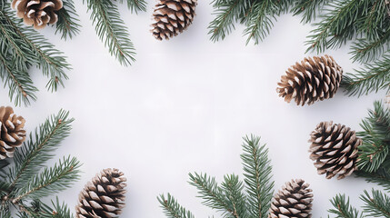 Pine cones and green pine branches arranged together on white background