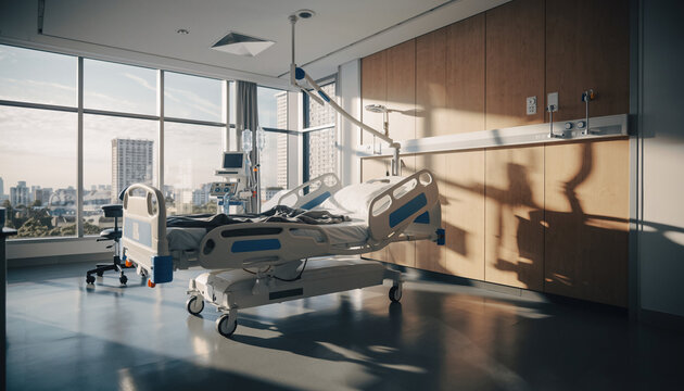 A hospital room with a bed and medical equipment stands empty with sunlight casting shadows on the floor