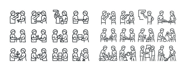 Vector icons of people engaging in various activities and interactions