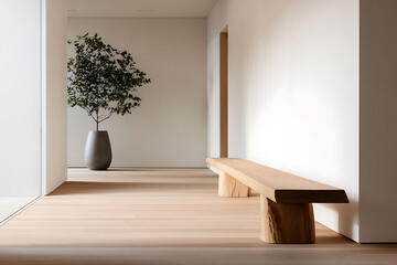 minimalist interior design, narrow hallway with wooden bench and soft shadows, warm and soothing color scheme