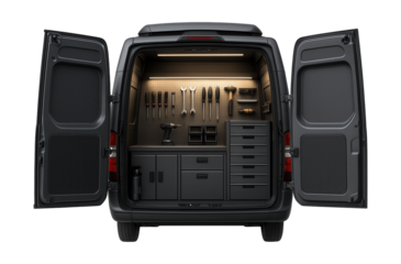 Mobile repair unit featuring dual side doors and built-in lighting system.
