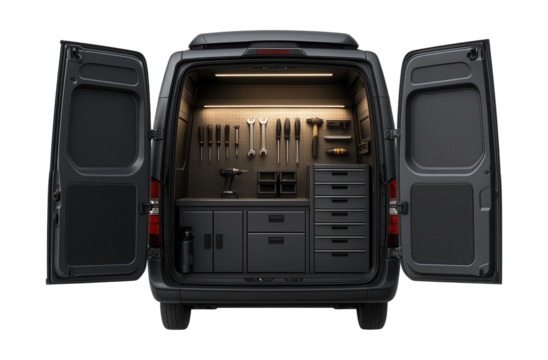Mobile repair unit featuring dual side doors and built-in lighting system.