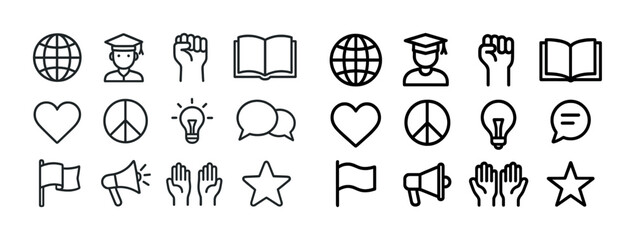 Collection of diverse outline icons including globe, graduate, book, and symbols