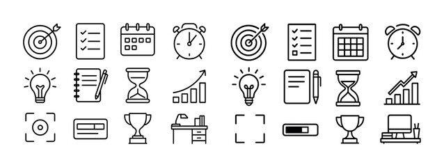Line icons of target, checklist, calendar, clock, lightbulb, hourglass, trophy, desk, computer