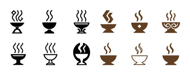 Diverse icon set of stylized bowls with steam in black and brown tones