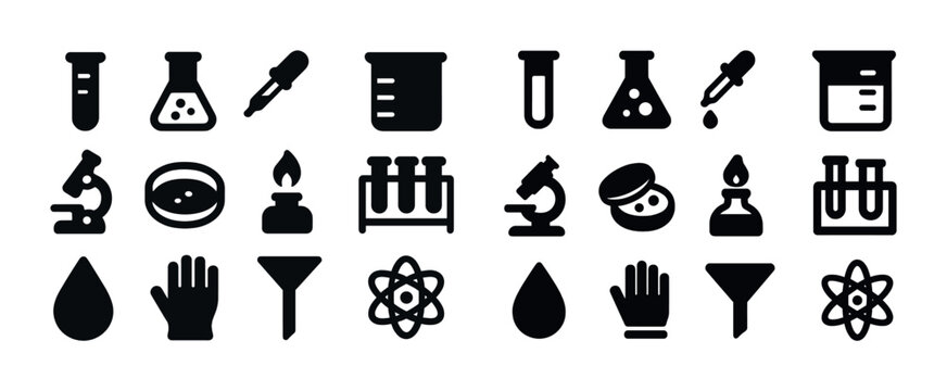 Science icons collection: laboratory equipment and symbols in black