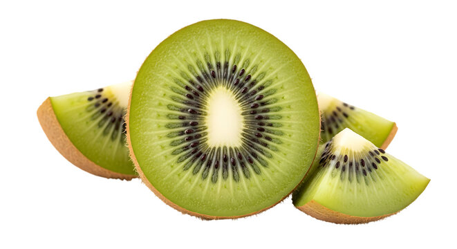 Kiwi fruit slices, Fresh with vibrant green flesh and black seeds, cutout, PNG isolated on white or transparent background