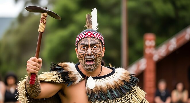 Maori Warrior Performing Haka with Traditional Weapon and Facial Tattoos.