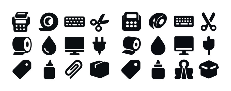 Office supply icons: scissors, tape, computer, keyboard, glue, plug, droplet, tag, paperclip, box