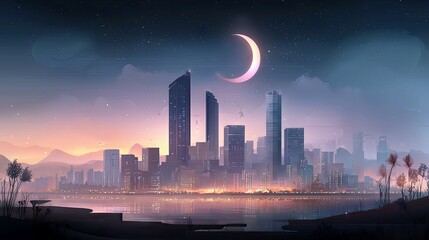 A sprawling city skyline with illuminated buildings reflects in the calm water at dusk, under a starry sky with a prominent crescent moon.