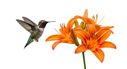 Fototapeta premium Hummingbird, Hovering near vibrant orange daylily flowers, cutout, PNG isolated on white or transparent background flying