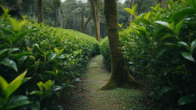 Green tea plantation pathway through forest landscape scenic view