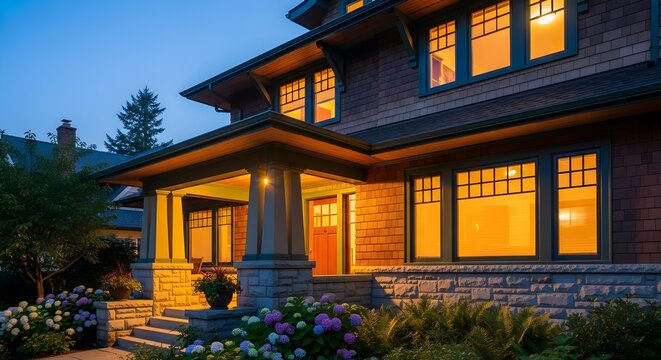 Stunning Craftsman house exterior at dusk, beautifully illuminated by warm lights from windows and porch, highlighting classic architectural details and inviting evening appeal