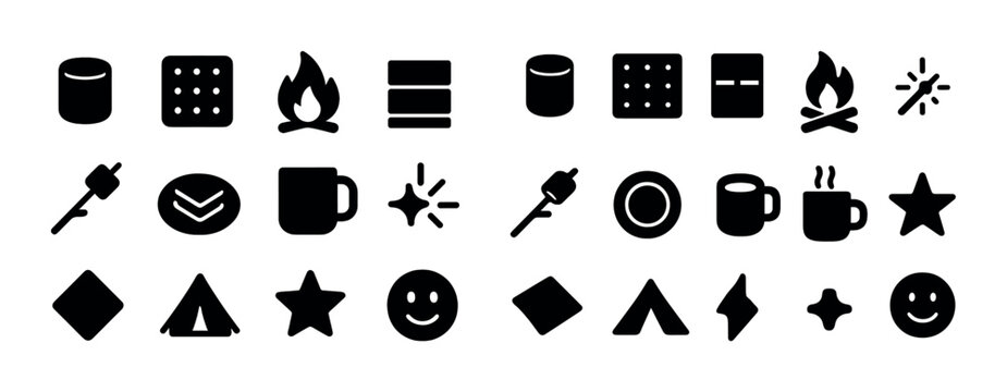 Collection of campfire and camping icons in black silhouette style