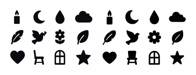 Set of minimalist black silhouette icons including nature and objects
