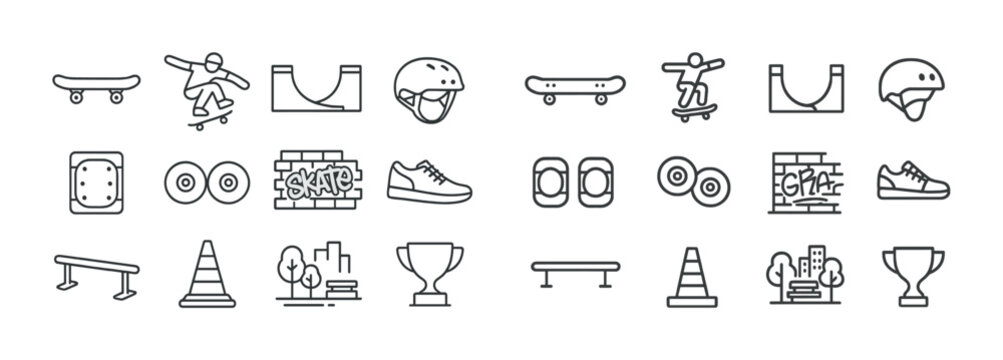 Skateboarding icons collection: skateboards helmets ramps urban elements
