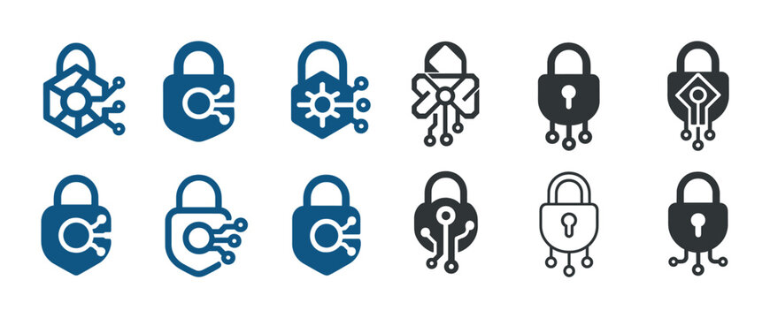Set of secure lock icons with circuit elements in blue and gray