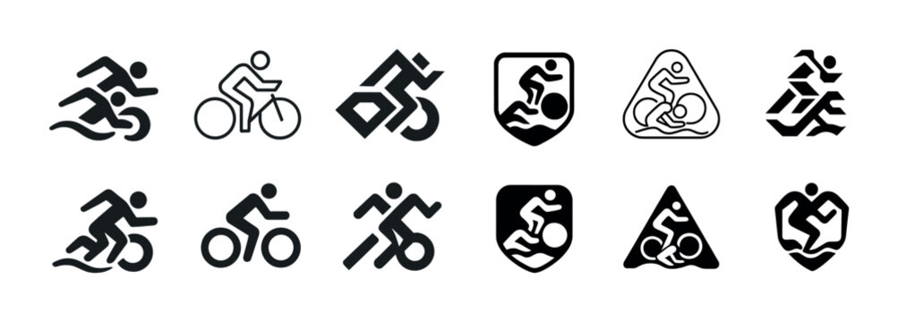 Set of vector triathlon icons featuring swimming, cycling, and running motifs