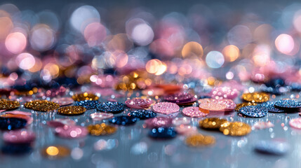 Glittering confetti close-up on reflective surface for festive celebration designs
