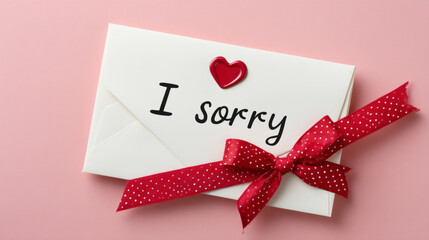 Apology letter with red wax heart seal and ribbon on pink background