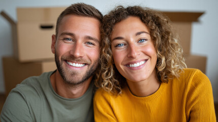 Happy couple enjoying new home together surrounded by moving boxes