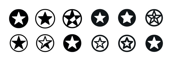 Variety of star symbols in circular icons: black and white designs
