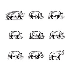 Rhino Line Art Icon Set Running and Standing in African Safari Outline Style