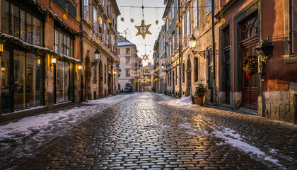 Obraz premium An old cobblestone street decorated for Christmas, lights hanging, light snow, a charming and realistic atmosphere.
