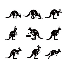 Black Silhouette Kangaroo Icons Showing Standing, Eating, and Jumping Poses