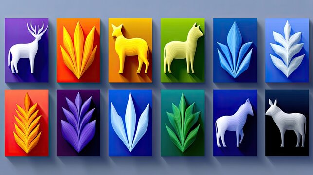 A grid of ten rectangular panels, each featuring a stylized 3D illustration of an animal or plant, arranged in two rows of five. The backgrounds are solid, vibr