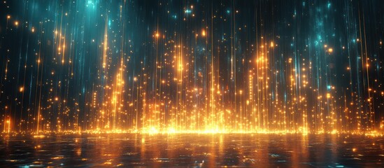 Fototapeta premium Golden light rain falling on reflective surface. Background use Abstract digital art