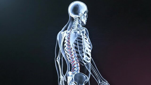 Glowing Human Skeleton Anatomy Medical Science Technology Futuristic Interface Displaying Spinal Cord Health and Bone Structure