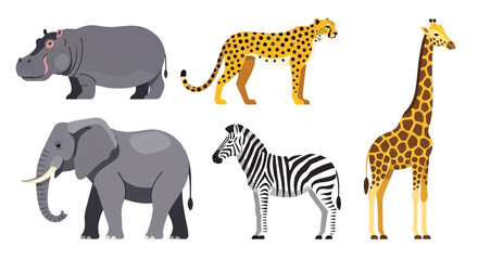 Flat 2D vector illustration featuring a collection of popular African safari wild animals, specifically showing an elephant, zebra, giraffe, hippo, and cheetah isolated on a plain white background.