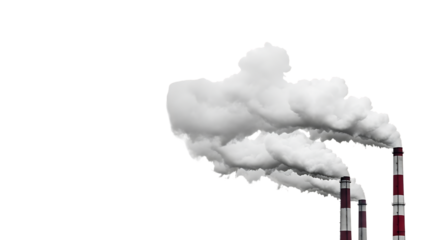 Smokestacks, Industrial emitting thick white smoke plumes against a dark void, cutout, PNG isolated on white or transparent background